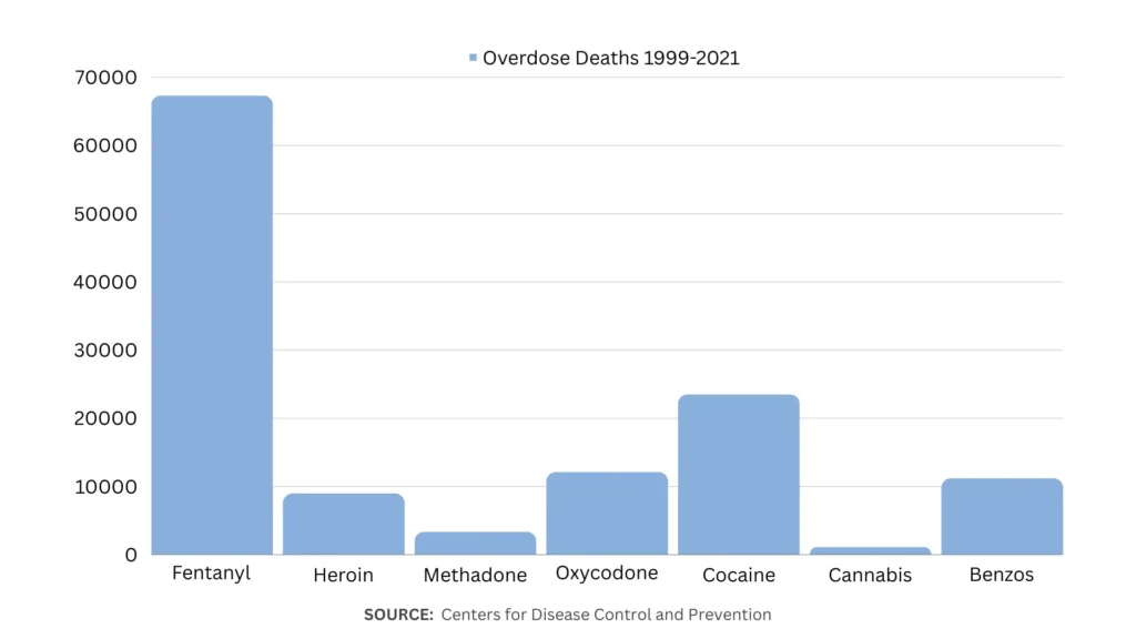 Yearly overdose deaths from 1999-2021 caused by various types of drugs.
