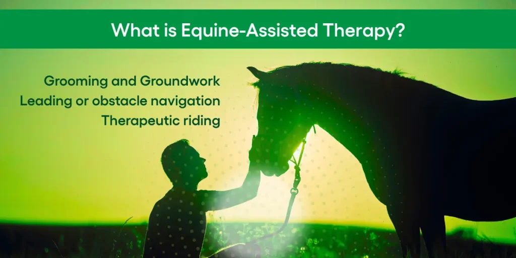 silhouette of man and horse with green tint used to describe equine-assisted therapy