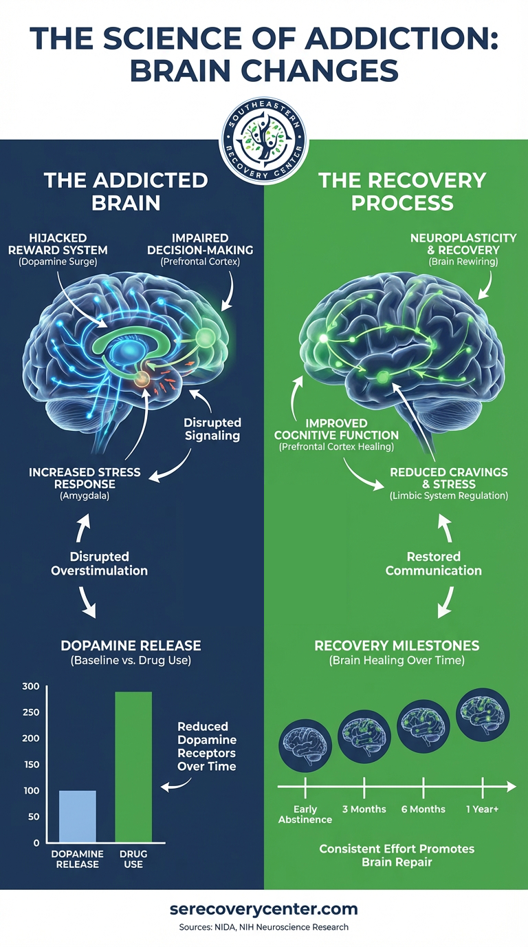 infographic of the science behind how the brain changes during addiction and during recovery