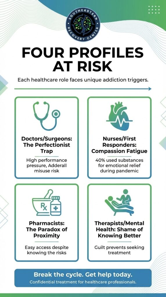 healthcare infographic saying doctors, surgeons, nurses, first responders, pharmacists, and therapists or mental health clinicians are the four profiles most at risk for addiction