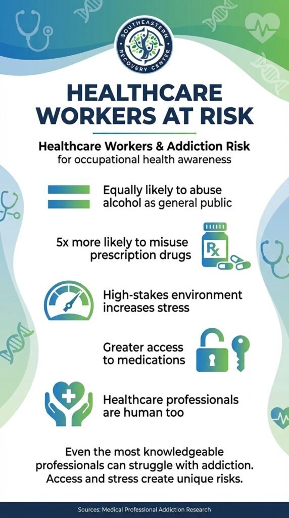 infographic sharing statistics on healthcare workers at risk of addiction