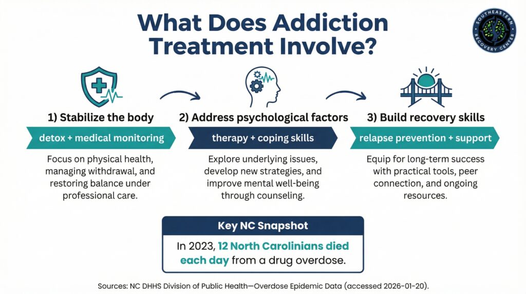 What does addiction treatment involve? infographic