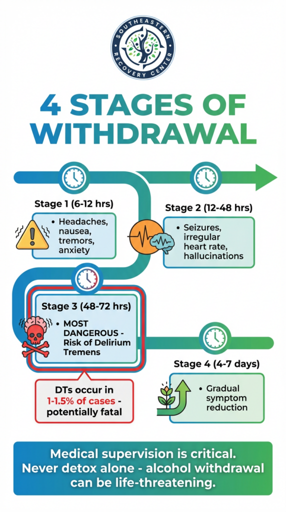 4 stages of withdrawal from alchol when medically detoxing for addiction recovery, infographic