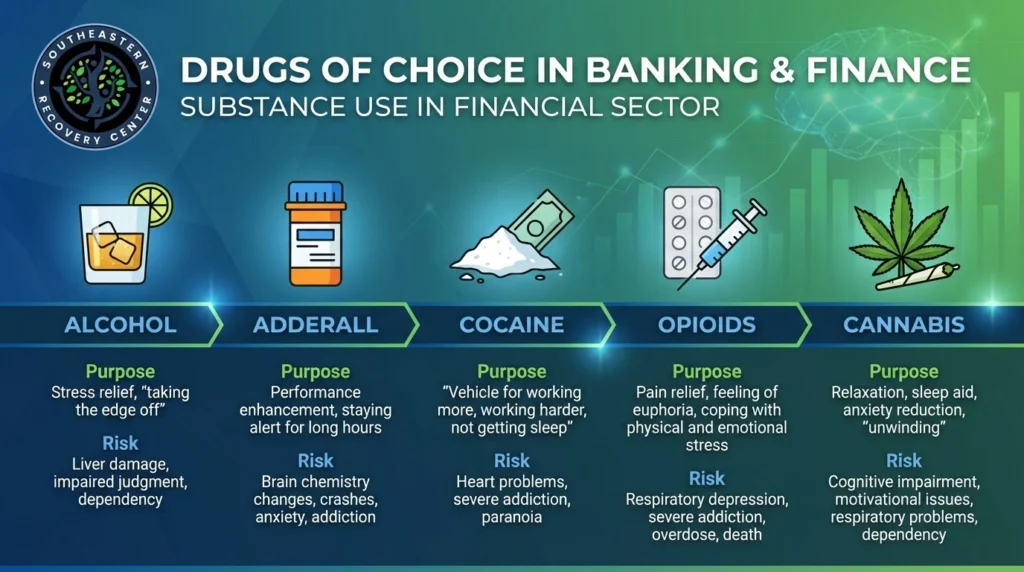 infographic of the drugs of choice for the banking and finance professionals' substance addictions in Charlotte North Carolina