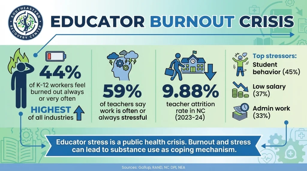 an infographic of statistics that explain what the leading stressors are for North Carolina educators