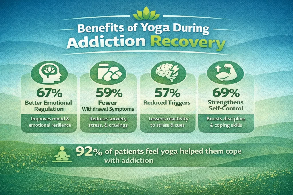 infographic of the benefits of yoga during addiction recovery from alcohol and drugs