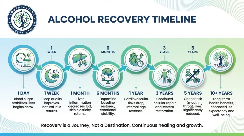 alcohol recovery timeline from 1 day to 10+ years as an infographic by SERC in NC