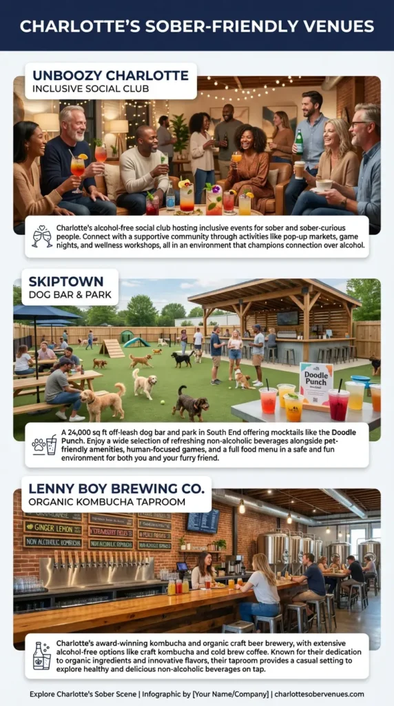 3 top sober-friendly venues in the Charlotte area - Unboozy Charlotte, Skiptown Dog Bar & Park, and Lenny Boy Brewing Co.
