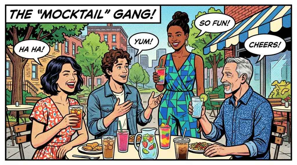 illustration of the celebrities mentioned (Robert Downey Jr., Anne Hathaway, Tom Holland, and Zendaya) having mocktails and enjoying a sober lifestyle