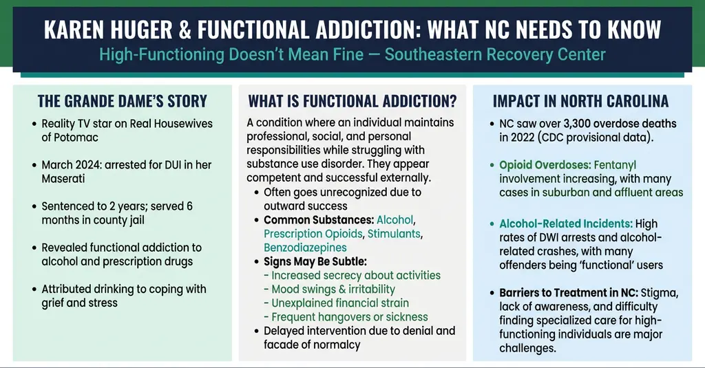 image showing the grande dame's story, what is functional addiction, and the impact on North Carolina