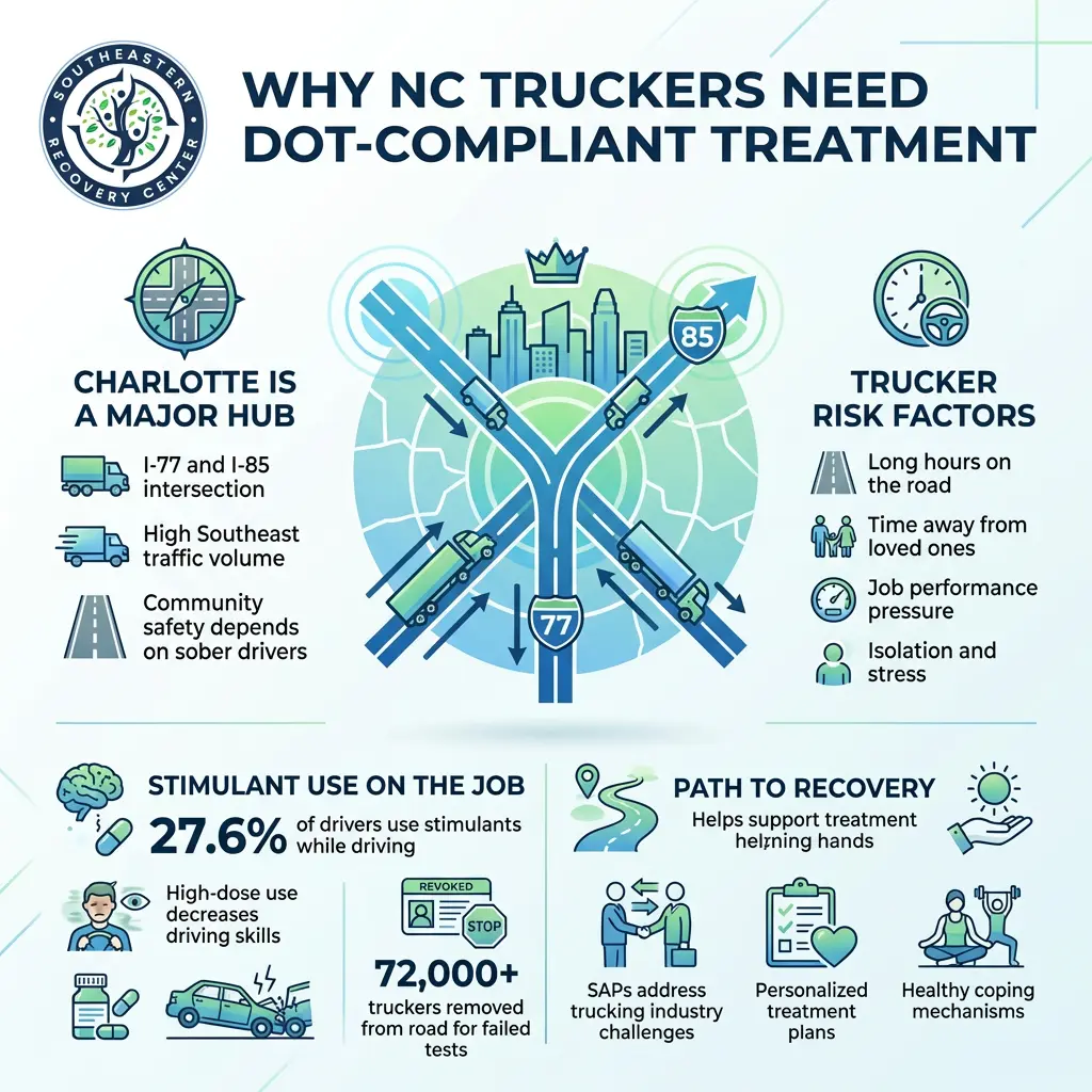 infographic of why North Carolina truckers need DOT-compliant alcohol rehab or addiction treatment