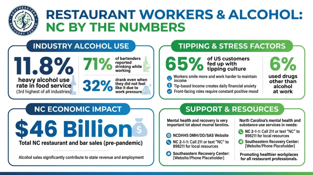 infographic of the North Carolina Statistics on restaurant workers and alcohol use, stress factors, economic impact, and support and resources