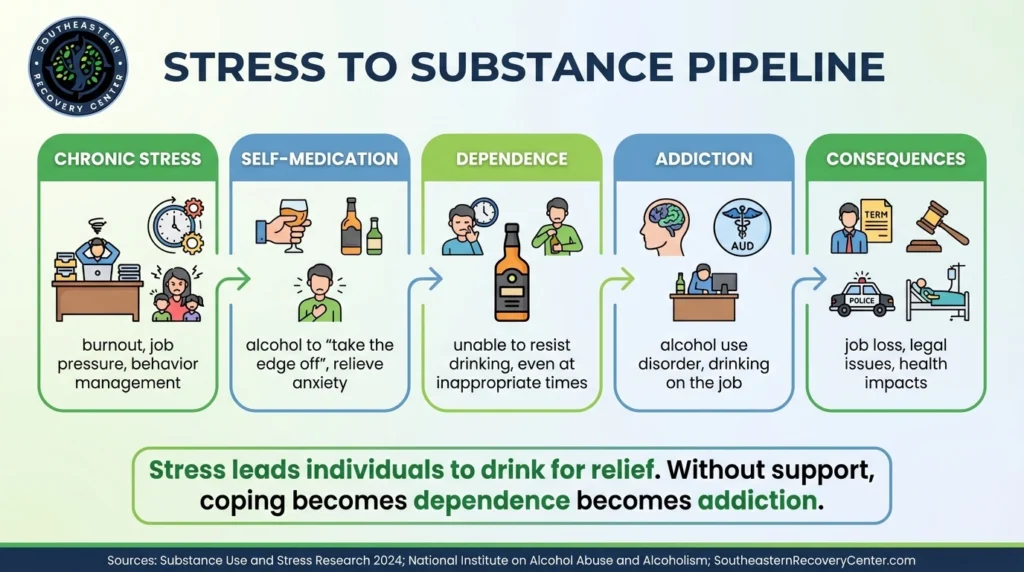 infographic explaining visually how stress and burnout may lead to substance and alcohol abuse down the line for North Carolina educators