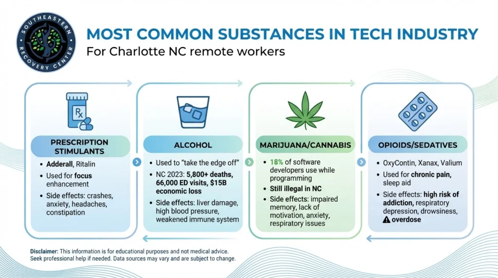 infographic of the most commonly abused substances for Charlotte NC remote workers in the tech industry