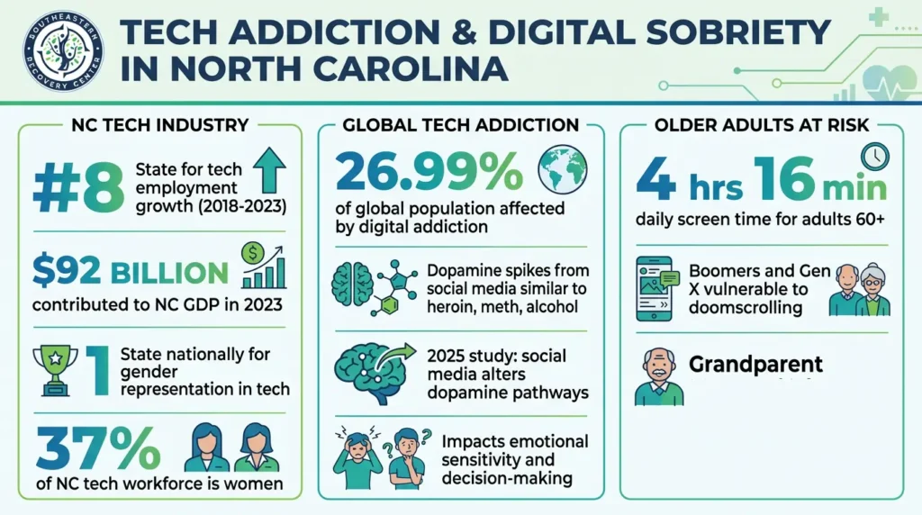 infographic statistics about tech addiction and digital sobriety in North Carolina