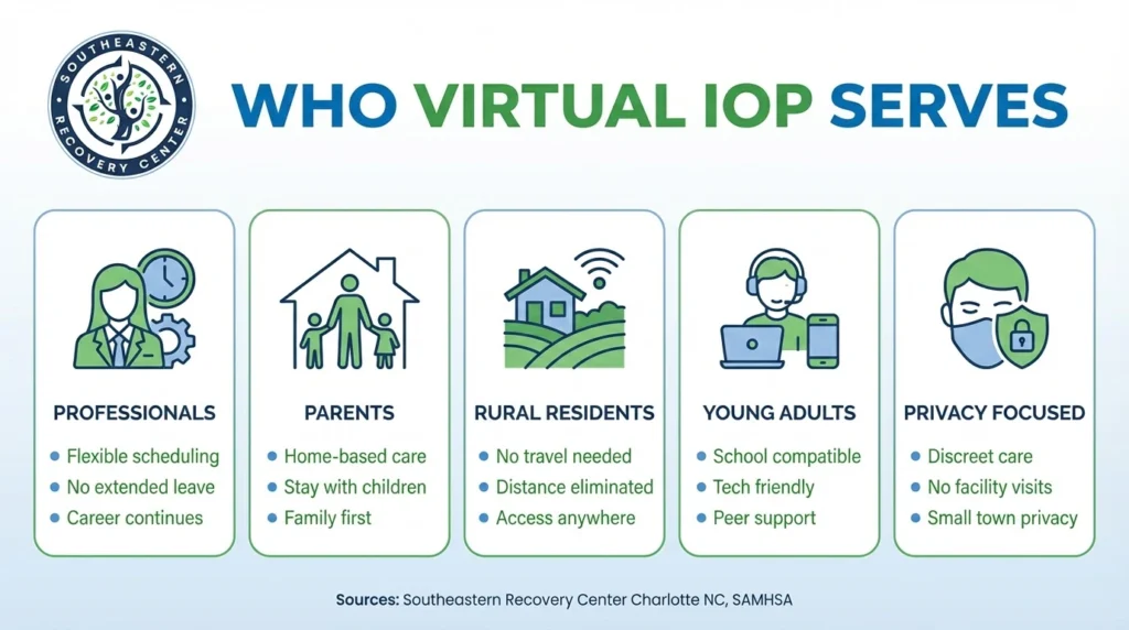 infographic of example of who virtual IOP serves in NC for addiction and alcoholism treatment
