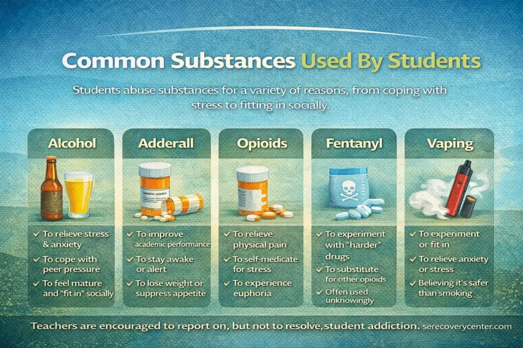 infographic of the common substances and drugs used and abused by students
