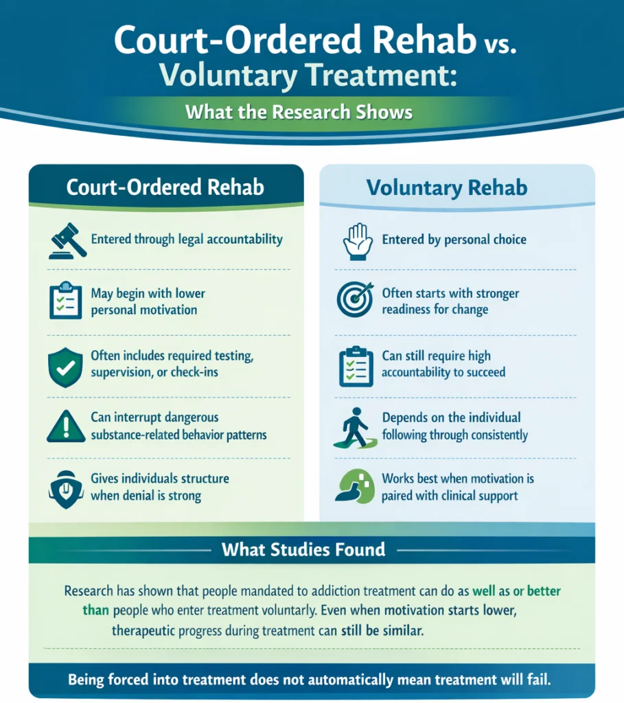 infographic of court-ordered rehab vs voluntary treatment for addictions