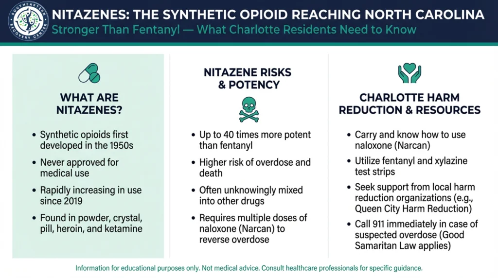 infographic saying what are nitazenes, risks and potency of nitazene, and Charlotte HARM reduction and resources