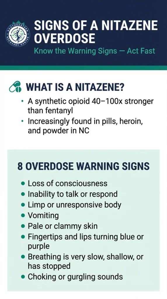 infographic including information on what is nitazene and 8 drug overdose warning signs