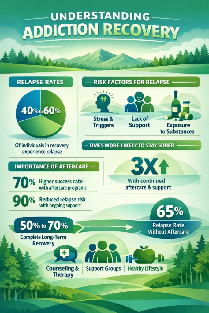 infographic showing statistics to help understand addiction, relapse, and recovery better for drugs and alcohol.
